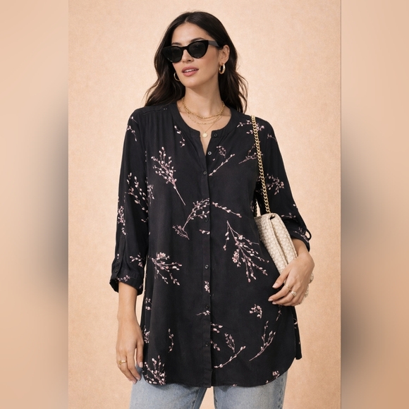 Soyaconcept Tops - Soyaconcept | Black Floral Button-Front Tunic Top w/ Pink Branch Print, Size S